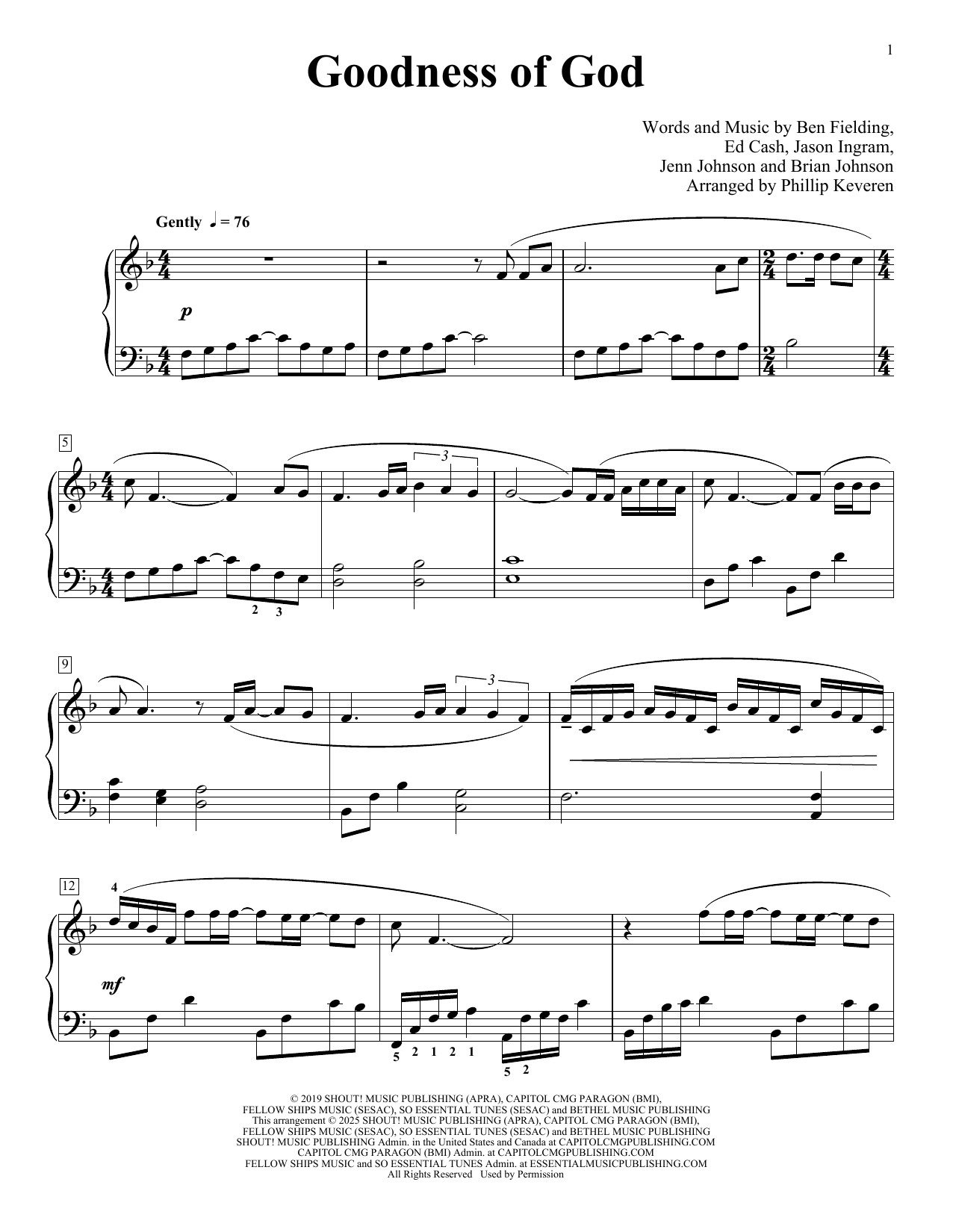 Bethel Music and Jenn Johnson Goodness of God (arr. Phillip Keveren) sheet music notes and chords arranged for Piano Solo