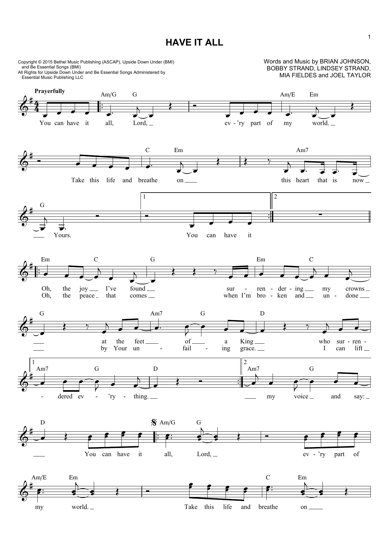 Bethel Music Have It All sheet music notes and chords arranged for Lead Sheet / Fake Book