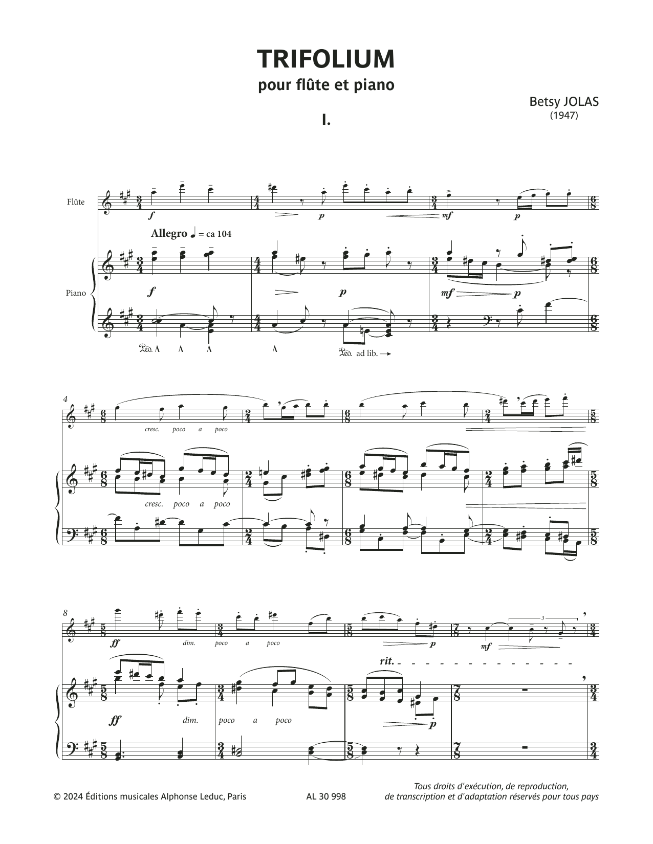 Betsy Jolas Trifolium sheet music notes and chords arranged for Flute and Piano