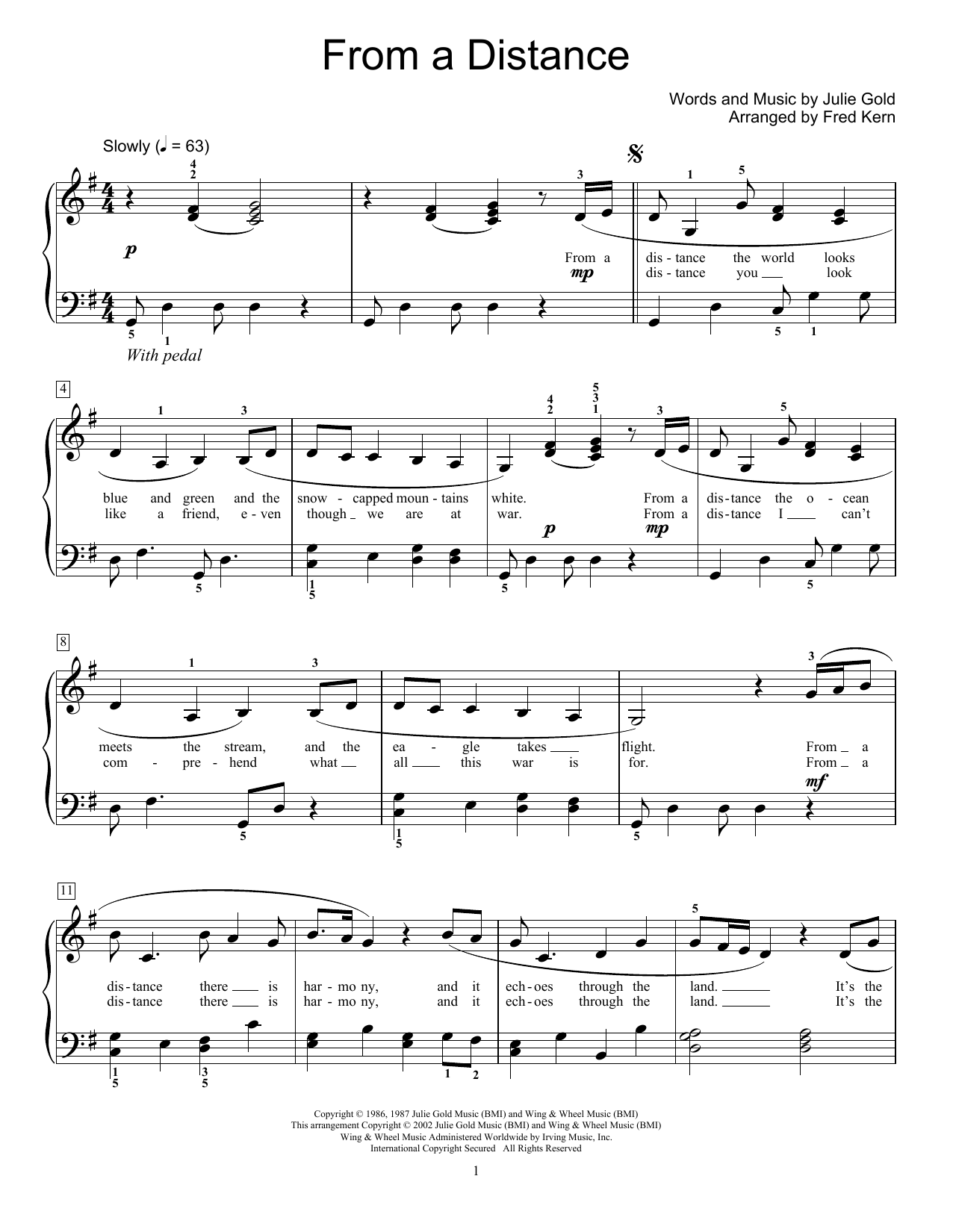 Bette Midler From A Distance (arr. Fred Kern) sheet music notes and chords arranged for Educational Piano
