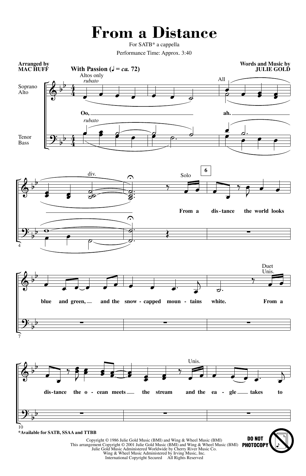 Bette Midler From A Distance (arr. Mac Huff) sheet music notes and chords arranged for SSAA Choir