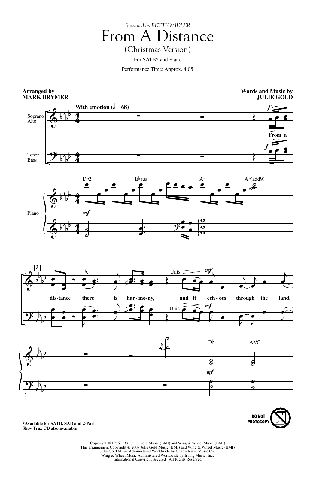 Bette Midler From A Distance (Christmas Version) (arr. Mark Brymer) sheet music notes and chords arranged for SAB Choir