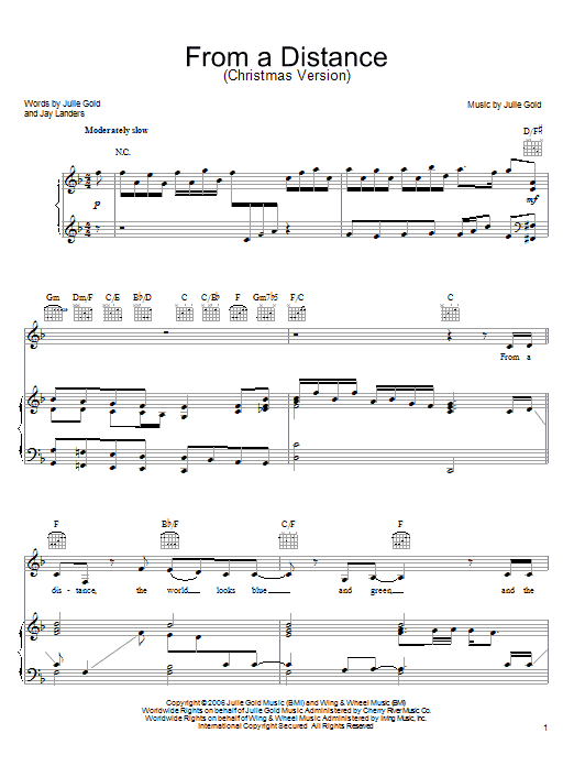 Bette Midler From A Distance (Christmas Version) sheet music notes and chords arranged for Piano, Vocal & Guitar Chords (Right-Hand Melody)