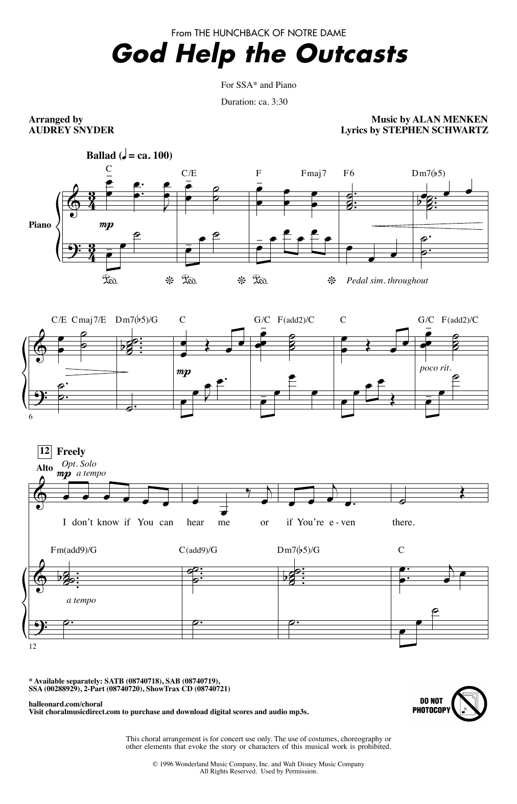 Bette Midler God Help The Outcasts (from The Hunchback Of Notre Dame) (arr. Audrey Snyder) sheet music notes and chords arranged for 2-Part Choir