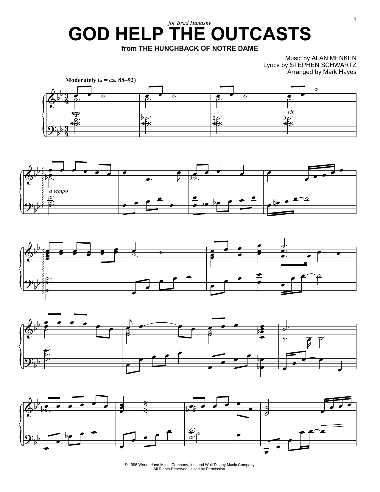 Bette Midler God Help The Outcasts (from The Hunchback Of Notre Dame) (arr. Mark Hayes) sheet music notes and chords arranged for Piano Solo