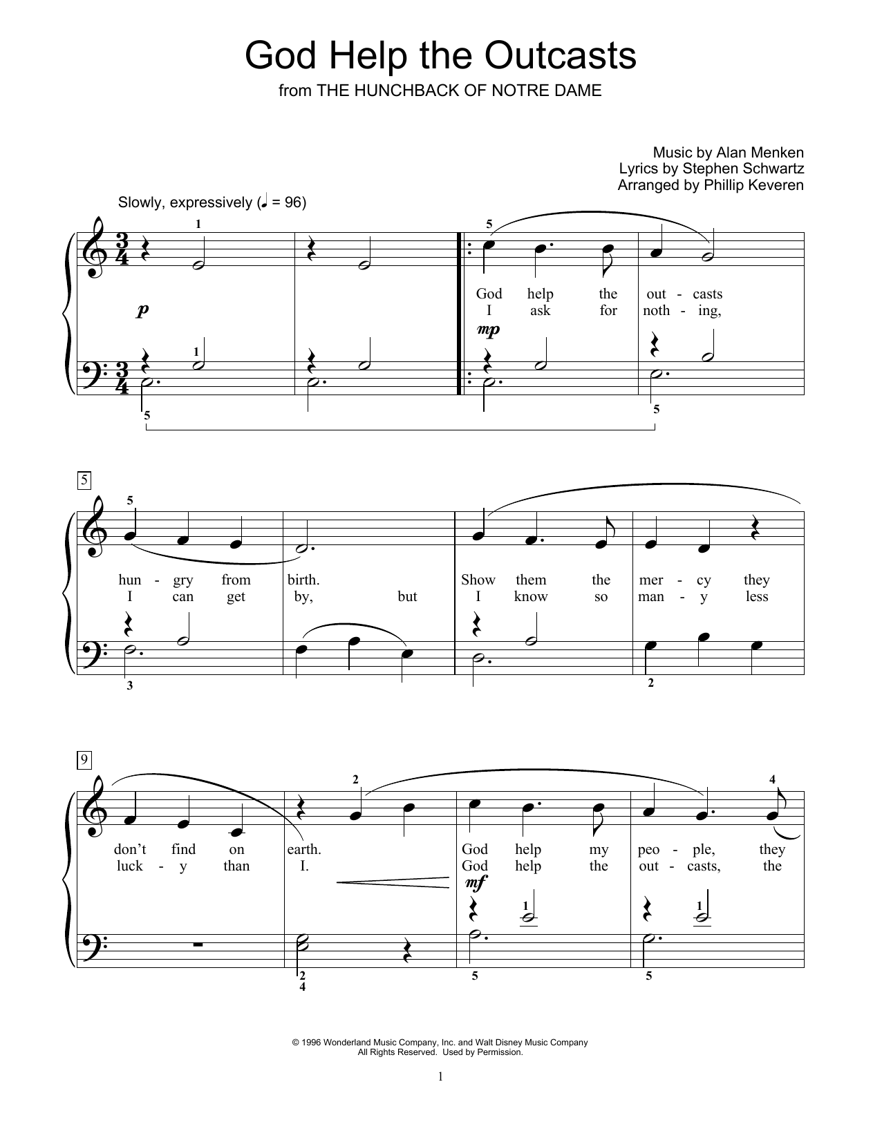 Bette Midler God Help The Outcasts (from The Hunchback Of Notre Dame) (arr. Phillip Keveren) sheet music notes and chords arranged for Educational Piano