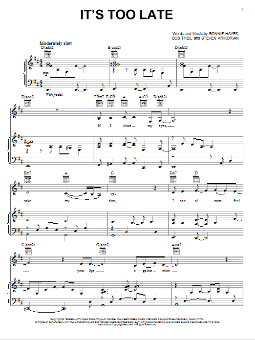 Bette Midler It's Too Late sheet music notes and chords arranged for Piano & Vocal