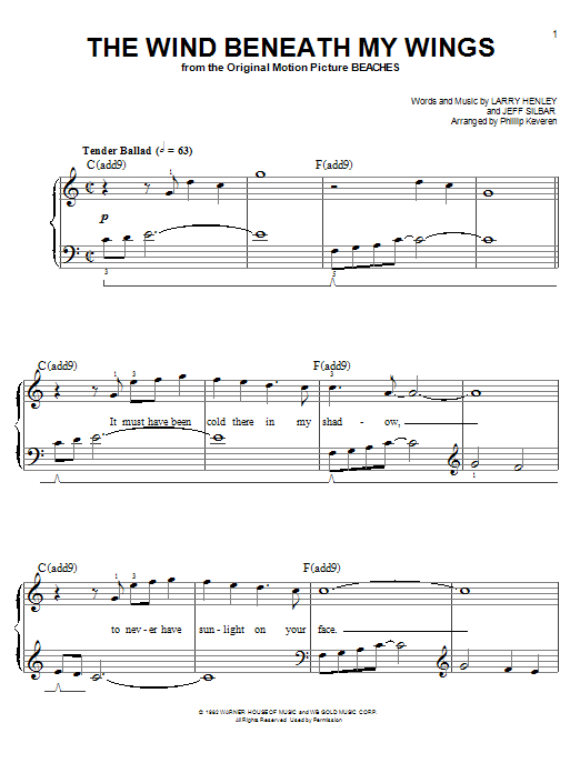 Bette Midler The Wind Beneath My Wings (arr. Phillip Keveren) sheet music notes and chords arranged for Easy Piano
