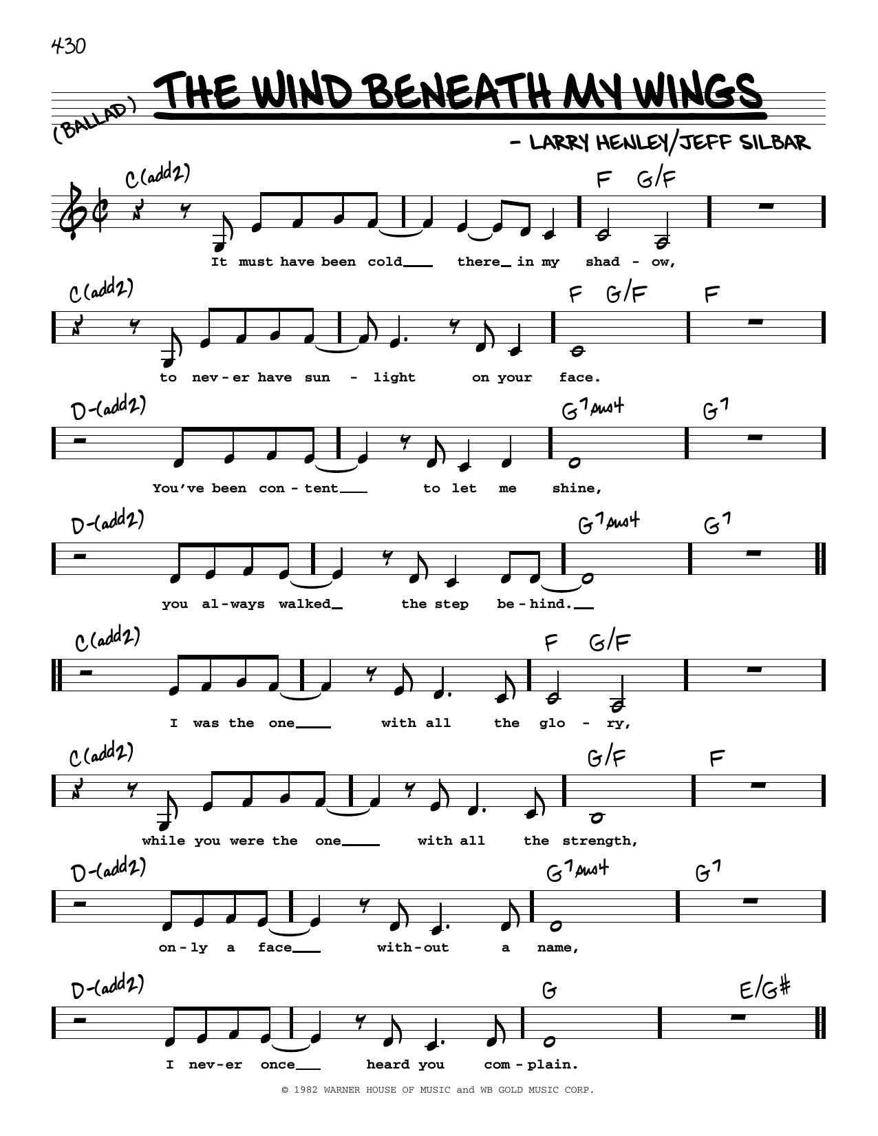 Bette Midler The Wind Beneath My Wings (Low Voice) sheet music notes and chords arranged for Real Book – Melody, Lyrics & Chords