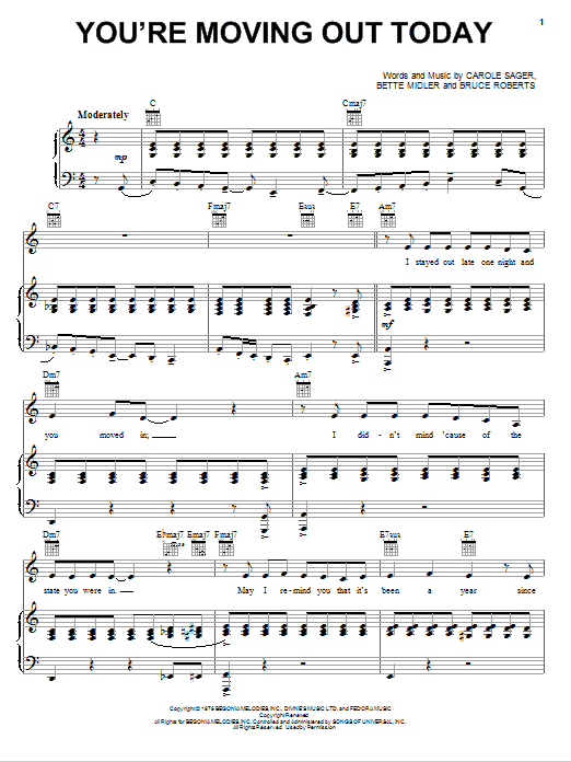 Bette Midler You're Moving Out Today sheet music notes and chords arranged for Piano & Vocal