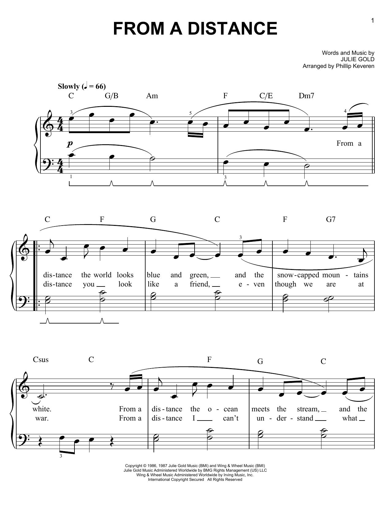 Bette Midler From A Distance (arr. Phillip Keveren) sheet music notes and chords arranged for Easy Piano