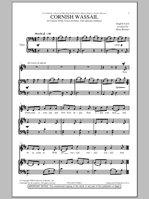 Betty Bertaux Cornish Wassail sheet music notes and chords arranged for Unison Choir