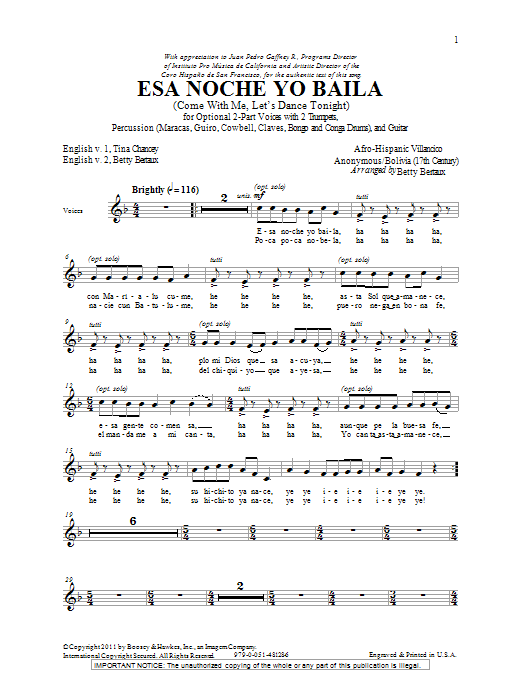 Betty Bertaux Esa Noche Yo Baila (Come With Me, Let's Dance Tonight) sheet music notes and chords arranged for 2-Part Choir