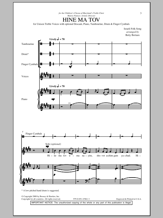 Betty Bertaux Hine Ma Tov sheet music notes and chords arranged for Unison Choir