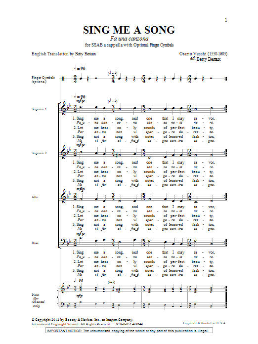 Betty Bertaux Sing Me A Song (Fa Una Canzona) sheet music notes and chords arranged for SATB Choir