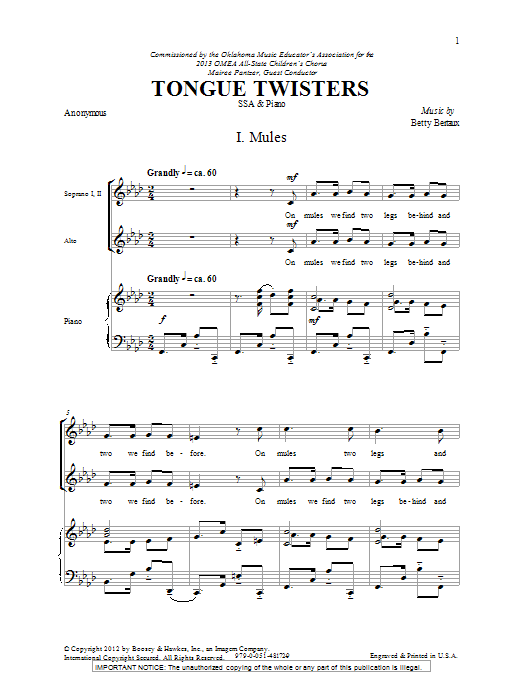 Betty Bertaux Tongue Twisters sheet music notes and chords arranged for SSA Choir