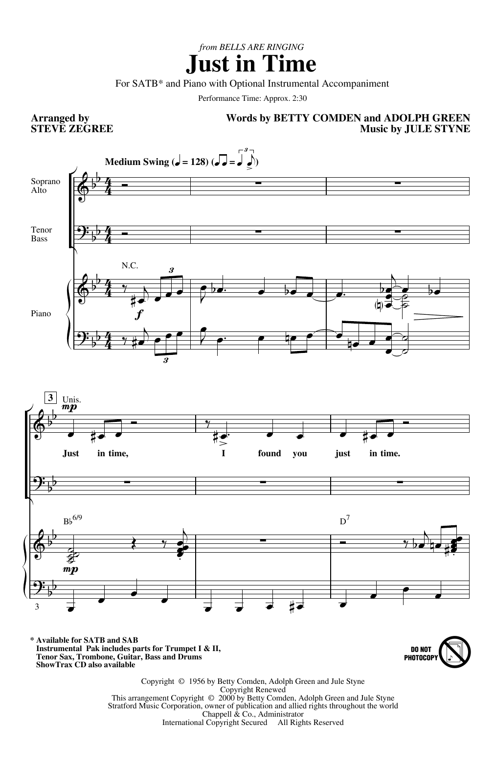 Betty Comden, Adolph Green & Jule Styne Just In Time (from Bells Are Ringing) (arr. Steve Zegree) sheet music notes and chords arranged for SATB Choir