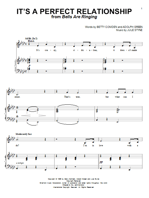 Betty Comden It's A Perfect Relationship (from Bells Are Ringing) sheet music notes and chords arranged for Piano & Vocal