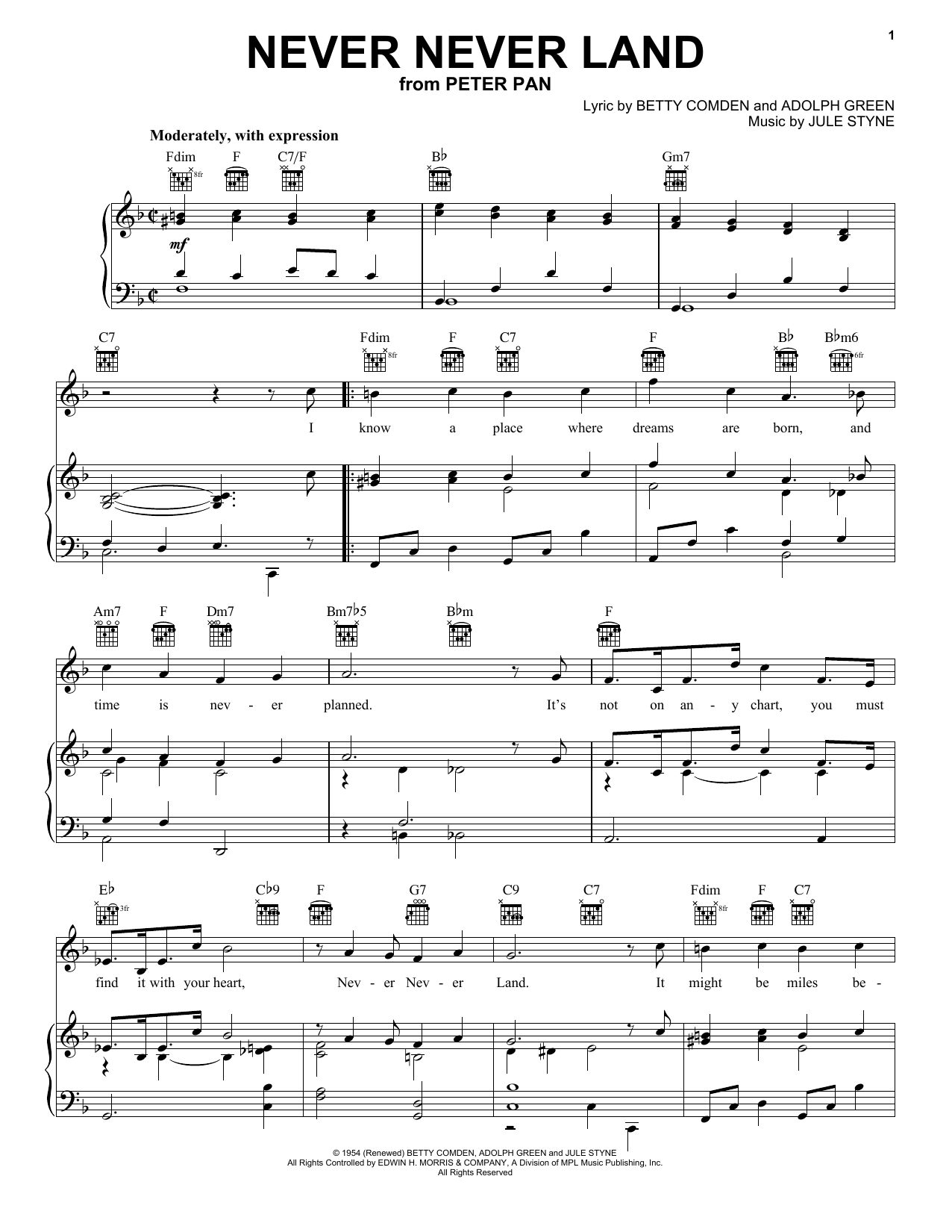 Betty Comden Never Never Land sheet music notes and chords arranged for Real Book – Melody & Chords
