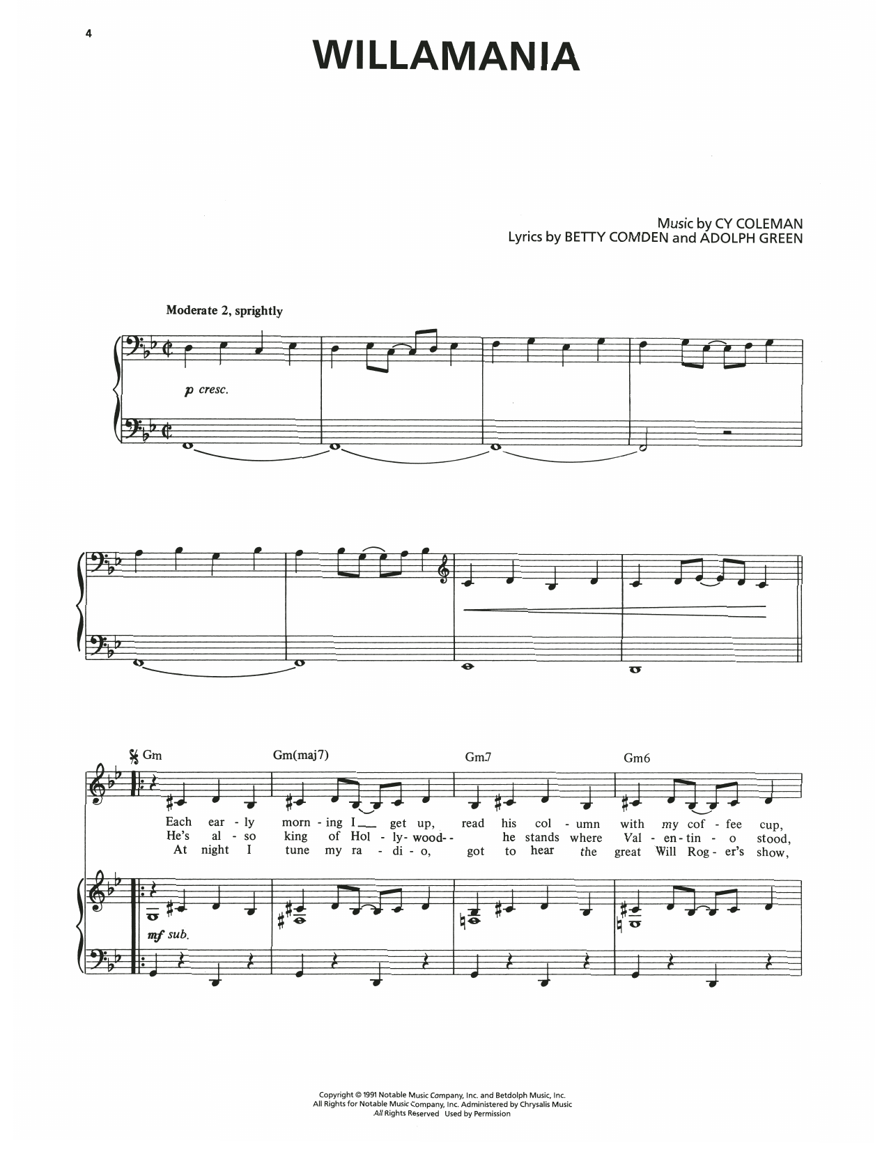 Betty Comden Willamania (from The Will Rogers Follies) sheet music notes and chords arranged for Piano & Vocal