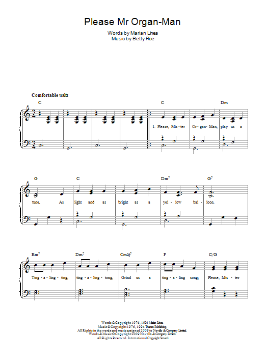 Betty Roe Please Mr Organ-Man sheet music notes and chords arranged for Easy Piano