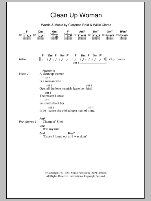 Betty Wright Clean Up Woman sheet music notes and chords arranged for Guitar Chords/Lyrics