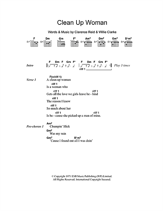 Betty Wright Clean Up Woman sheet music notes and chords arranged for Guitar Chords/Lyrics