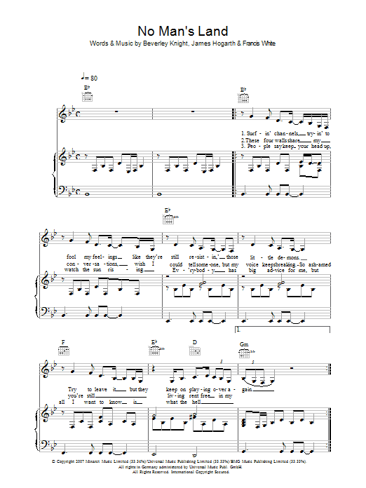 Beverley Knight No Man's Land sheet music notes and chords arranged for Piano, Vocal & Guitar Chords