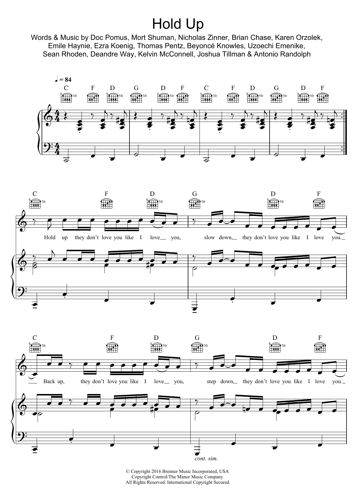Beyoncé Hold Up sheet music notes and chords arranged for Piano, Vocal & Guitar Chords