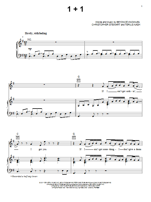 Beyoncé 1+1 sheet music notes and chords arranged for Piano, Vocal & Guitar Chords (Right-Hand Melody)