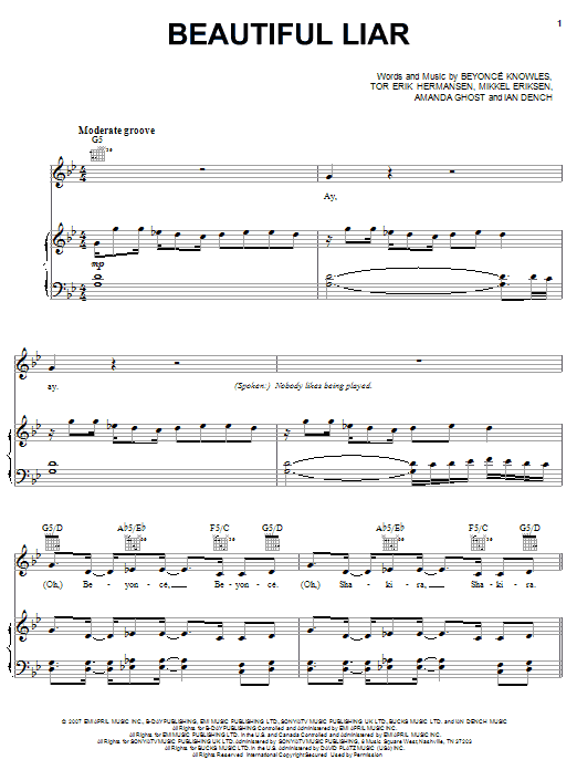 Beyonce & Shakira Beautiful Liar sheet music notes and chords arranged for Piano, Vocal & Guitar Chords (Right-Hand Melody)