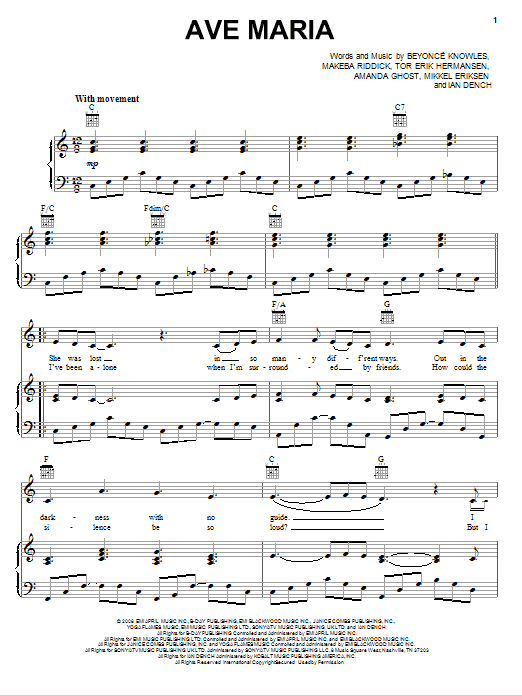 Beyonce Ave Maria sheet music notes and chords arranged for Piano, Vocal & Guitar Chords (Right-Hand Melody)