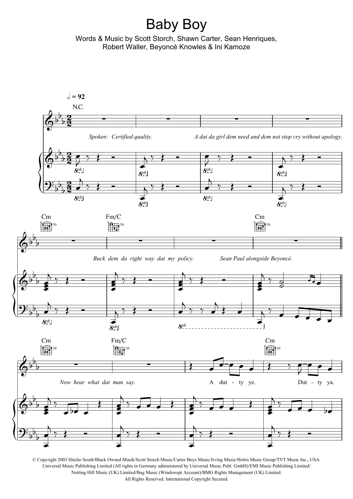 Beyoncé Baby Boy (featuring Sean Paul) sheet music notes and chords arranged for Piano, Vocal & Guitar Chords