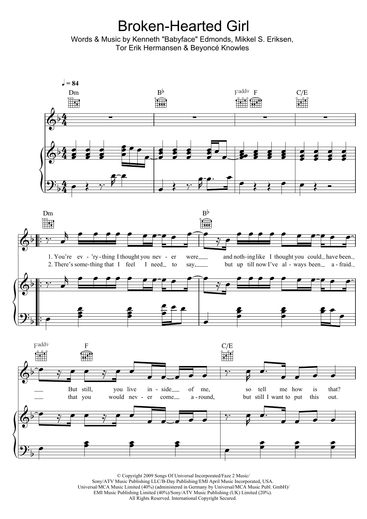 Beyonce Broken-Hearted Girl sheet music notes and chords arranged for Piano, Vocal & Guitar Chords (Right-Hand Melody)