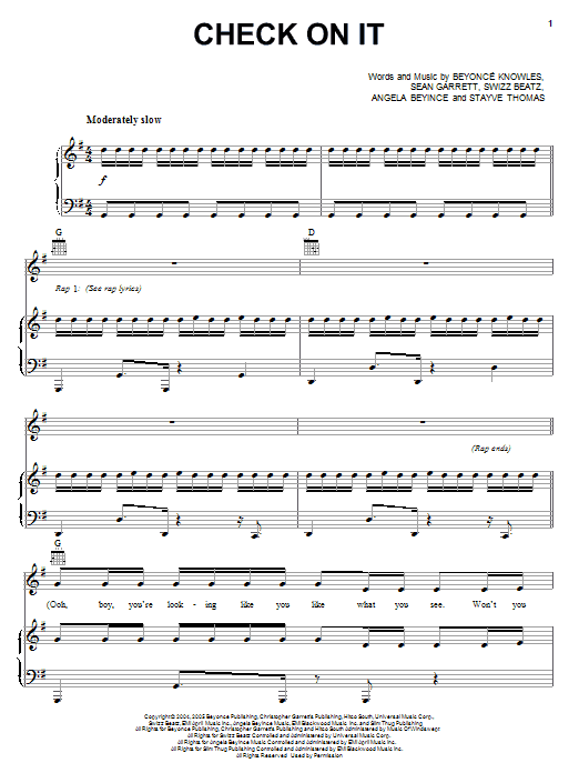 Destiny's Child Check On It sheet music notes and chords arranged for Piano, Vocal & Guitar Chords (Right-Hand Melody)