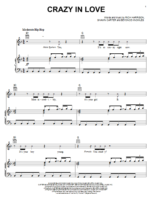 Beyoncé Crazy In Love sheet music notes and chords arranged for Piano, Vocal & Guitar Chords
