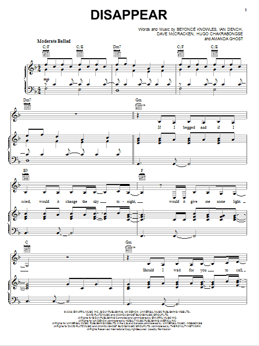 Beyonce Disappear sheet music notes and chords arranged for Piano, Vocal & Guitar Chords (Right-Hand Melody)