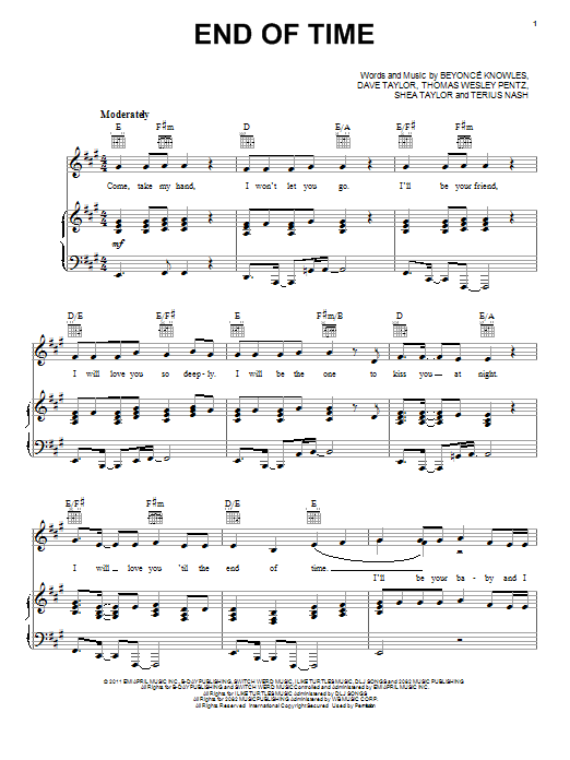 Beyoncé End Of Time sheet music notes and chords arranged for Piano, Vocal & Guitar Chords (Right-Hand Melody)