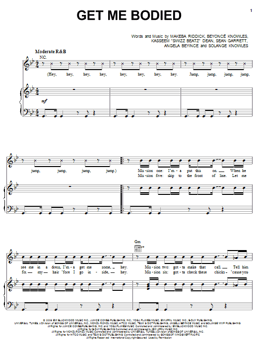 Beyonce Get Me Bodied sheet music notes and chords arranged for Piano, Vocal & Guitar Chords (Right-Hand Melody)