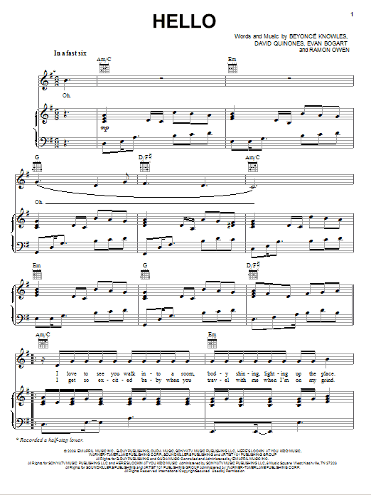 Beyonce Hello sheet music notes and chords arranged for Piano, Vocal & Guitar Chords (Right-Hand Melody)