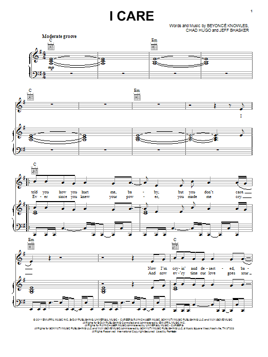 Beyoncé I Care sheet music notes and chords arranged for Piano, Vocal & Guitar Chords (Right-Hand Melody)