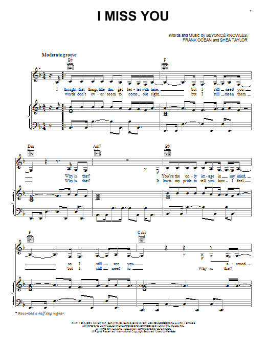 Beyoncé I Miss You sheet music notes and chords arranged for Piano, Vocal & Guitar Chords (Right-Hand Melody)