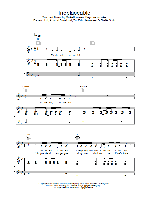 Beyonce Irreplaceable sheet music notes and chords arranged for Piano, Vocal & Guitar Chords