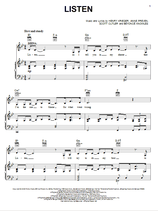 Beyonce Listen (Broadway Revival Version) sheet music notes and chords arranged for Piano, Vocal & Guitar Chords (Right-Hand Melody)