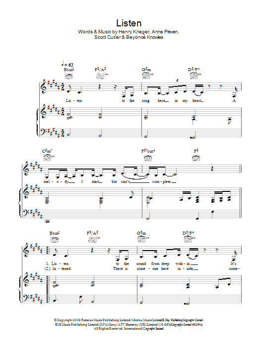 Beyoncé Listen (from Dreamgirls) sheet music notes and chords arranged for Piano, Vocal & Guitar Chords
