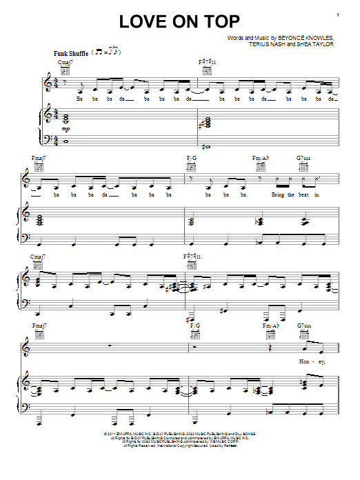 Beyoncé Love On Top sheet music notes and chords arranged for Piano, Vocal & Guitar Chords (Right-Hand Melody)