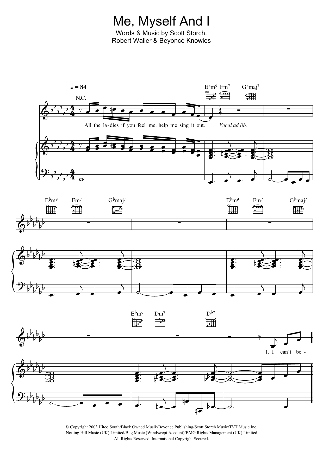Beyoncé Me, Myself And I sheet music notes and chords arranged for Piano, Vocal & Guitar Chords