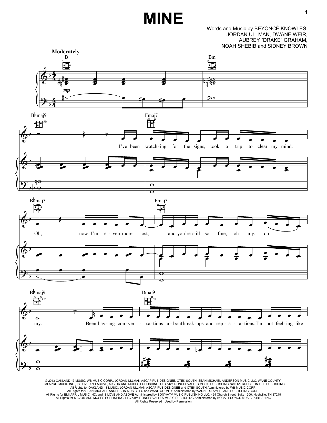 Beyoncé Mine sheet music notes and chords arranged for Piano, Vocal & Guitar Chords (Right-Hand Melody)