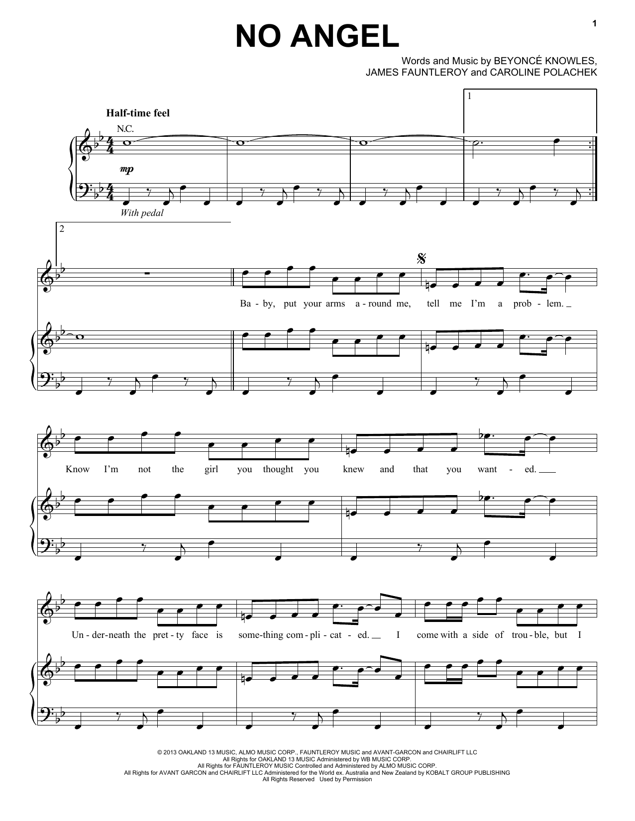 Beyoncé No Angel sheet music notes and chords arranged for Piano, Vocal & Guitar Chords (Right-Hand Melody)