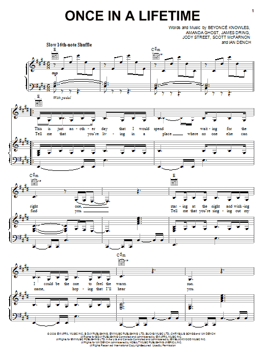 Beyonce Once In A Lifetime sheet music notes and chords arranged for Piano, Vocal & Guitar Chords (Right-Hand Melody)